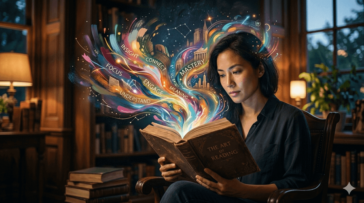 "A focused reader with vibrant, artistic light and abstract shapes emerging from an open book, symbolizing the mental construction and mastery of reading."