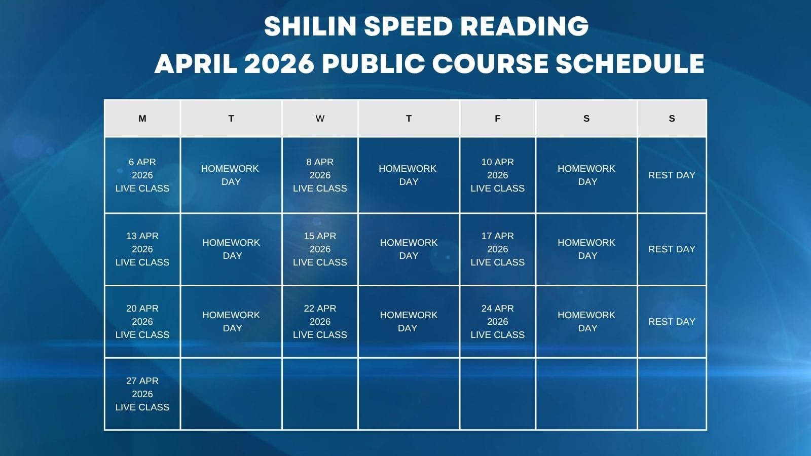 Schedule for the Shilin Speed Reading Masterclass 2026 including intake dates and session times