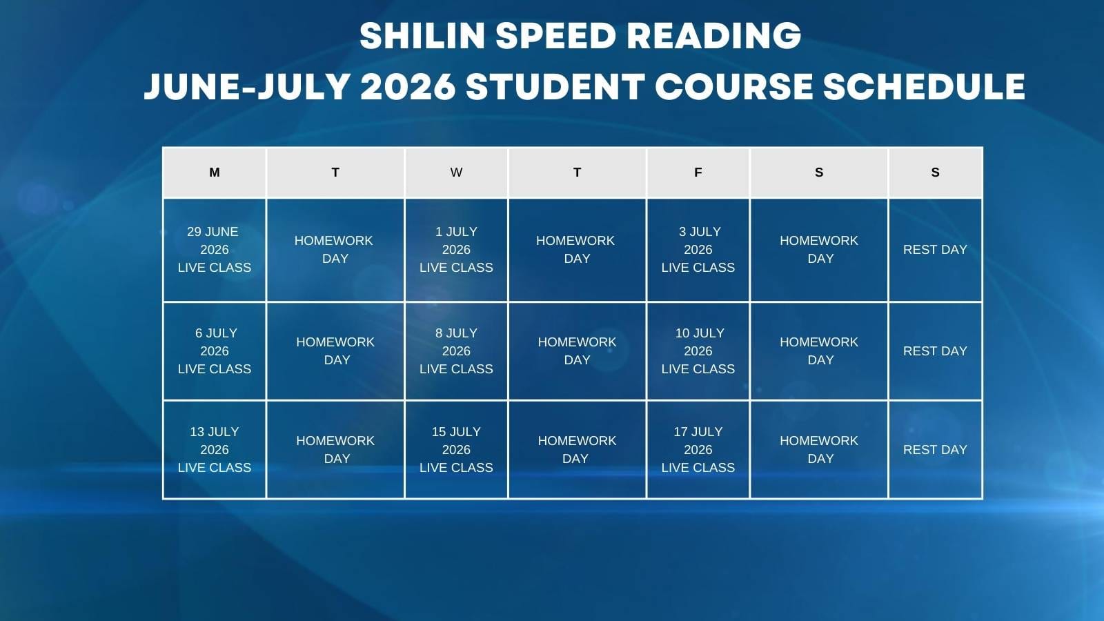 A table titled "Course Schedule" displaying dates, times, and session topics for the June Speed Reading Course for Students and Scholars.
